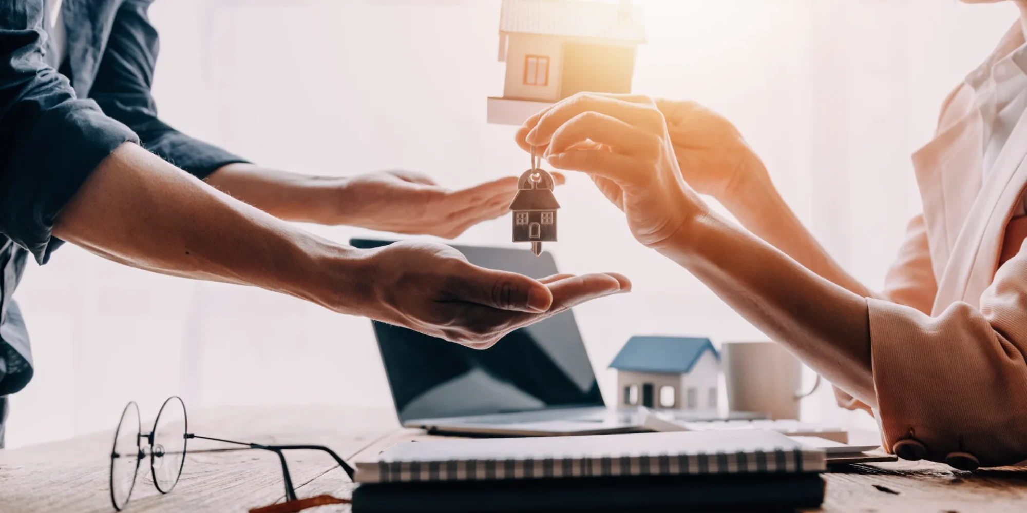 real-estate-broker-agent-presenting-consult-customer-decision-making-sign-insurance-form-agreement-buy-sell-home-model-concerning-mortgage-loan-offer-house-insurance